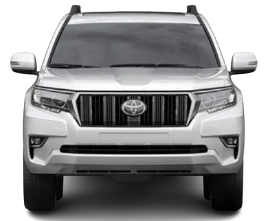 White Land Cruiser Prado, front three-quarter view, professionally chauffeured